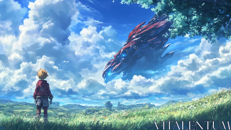 Boy observes colossal dragon-shaped starship over meadow