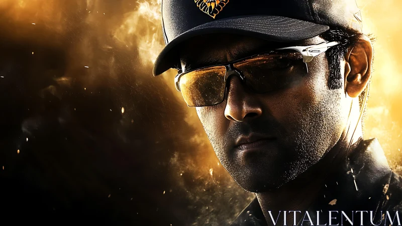 Intense agent portrait against blazing golden light storm.