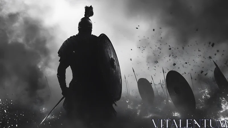 Armored warrior advancing through smoky monochrome battlefield.