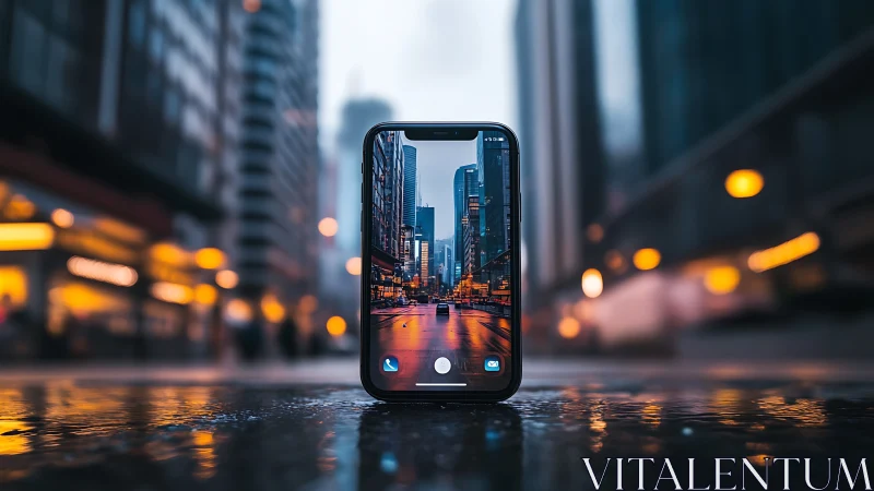 Smartphone framing wet city street at sunset in focus.