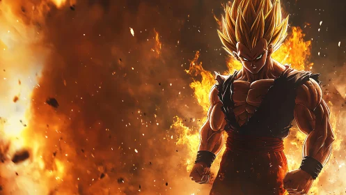 Digital painting of flaming anime warrior in explosive focus.