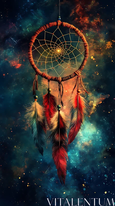 Dreamcatcher with feathers against abstract cosmic backdrop.