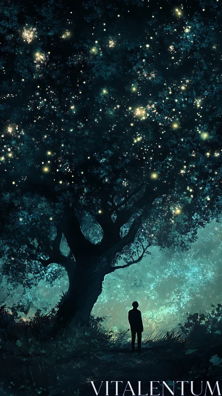 Silhouetted figure beneath bioluminescent night canopy