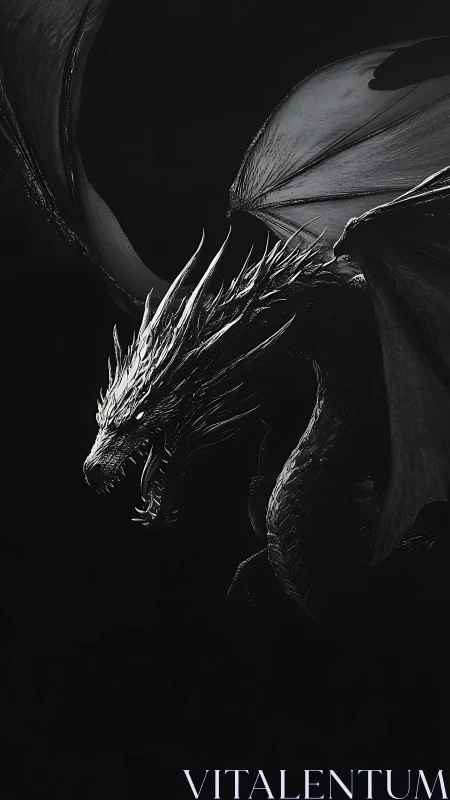 Monochrome dragon profile with extended wings in shadow.