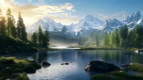 Snowcapped mountain lake reflects pine forest at sunrise