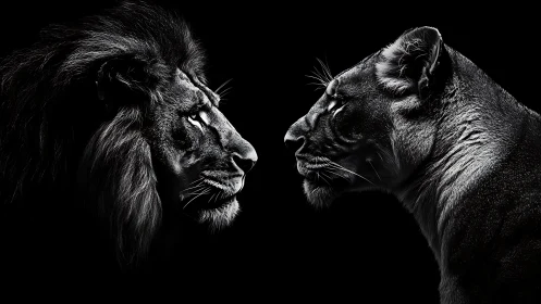 Monochromatic Lion and Lioness Confrontation on Black Background