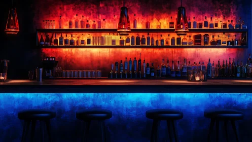 Moody neon bar counter glows with warm bottles and light