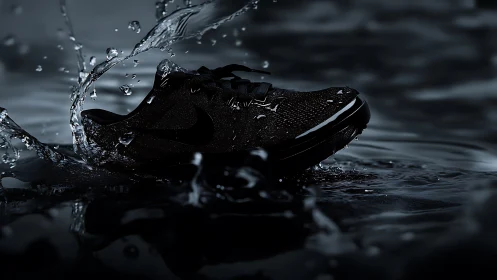 Sleek black running shoe powers through dramatic water splashes