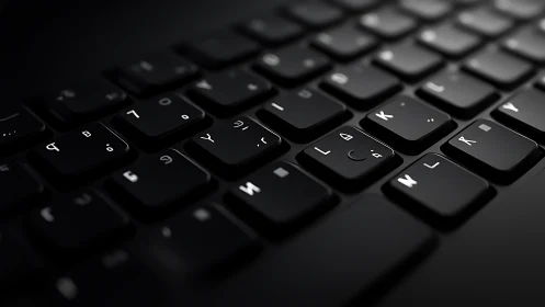 Oblique macro of bilingual backlit keyboard in low-key lighting.