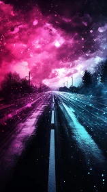 Neon drenched highway under bifurcated magenta cyan sky.