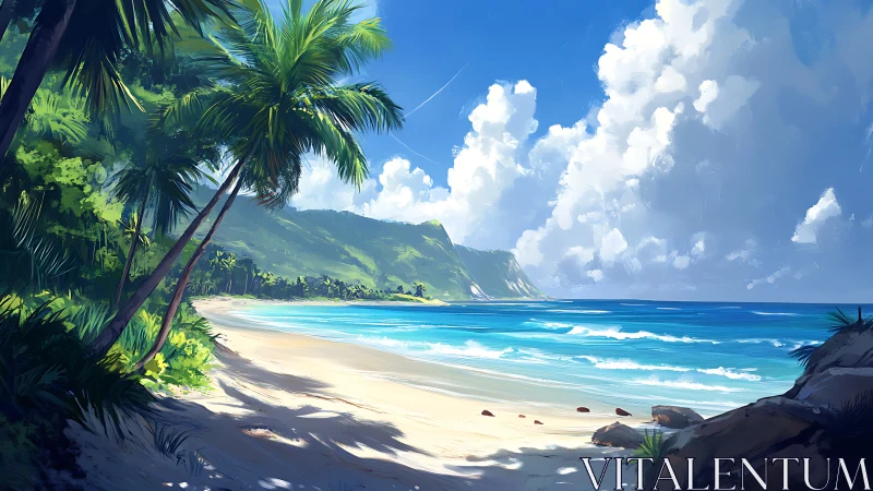 Coastal Beach Scene with Tropical Vegetation and Mountain