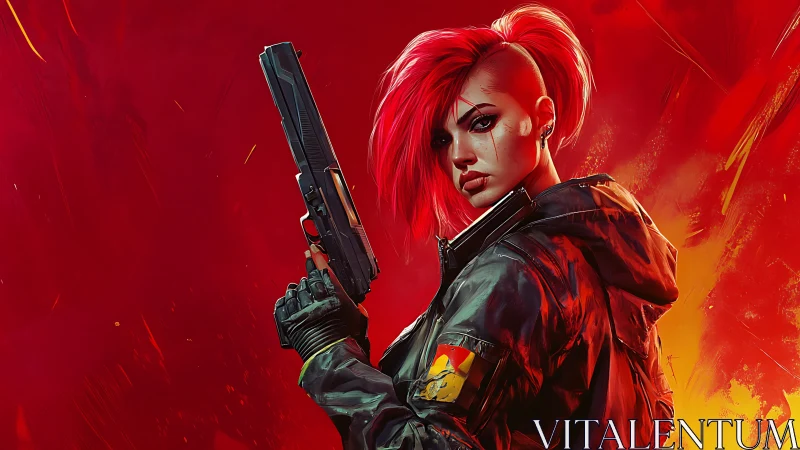 Cyberpunk gunslinger portrait with neon red tactical styling.
