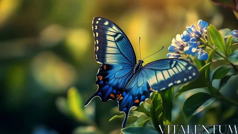 Gentle blue butterfly resting in a sunlit garden moment.