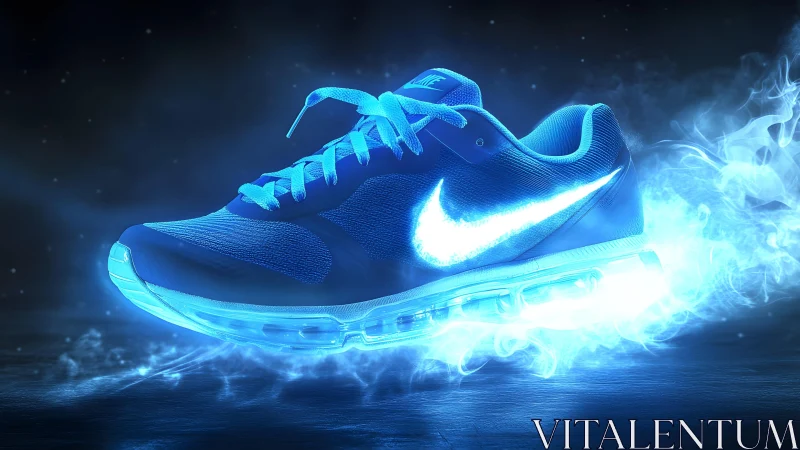 Futuristic blue Nike sneaker glowing with neon effects and mist.
