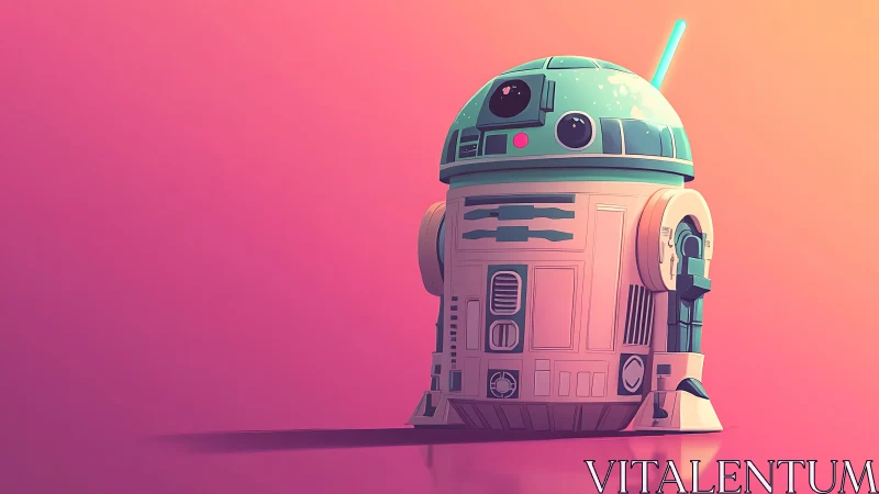 Stylized teal service droid on warm gradient sci fi backdrop