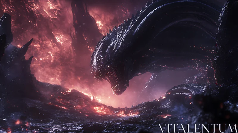 Colossal alien serpent dominates a molten, backlit inferno