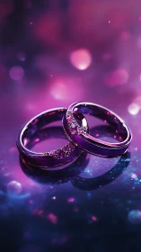Platinum Wedding Rings with Diamond Accents in Luminous Purple Bokeh Setting