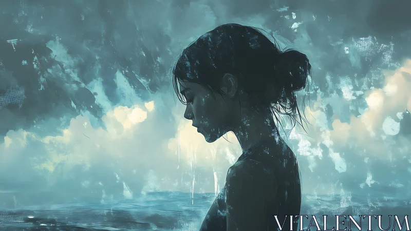 Solitary woman contemplates the sea beneath stormlit skies