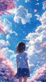 Girl stands under dreamy spring sky filled with blossoms