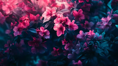 Neon Floral Garden: Pink and Magenta Blossoms in Deep Blue Night