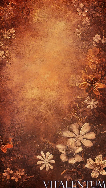 Sepia-toned floral border on textured grunge background.