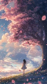 Girl stands beneath luminous cherry tree at pastel sunset