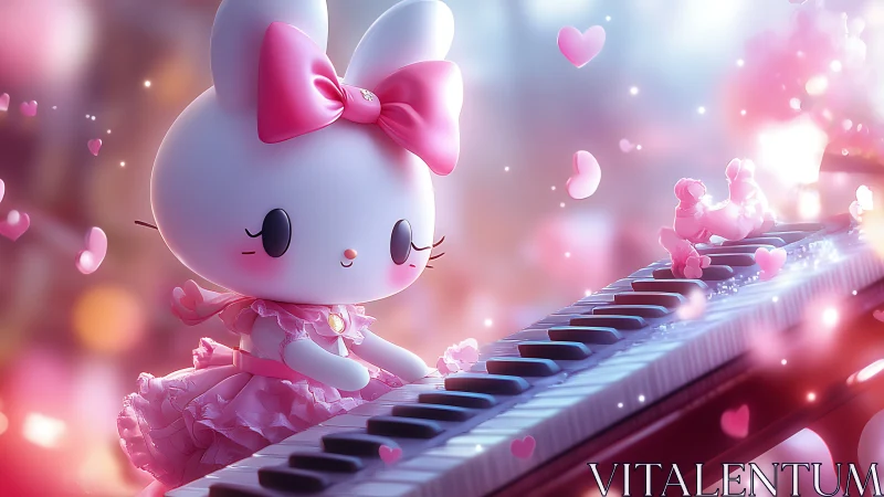 Cartoon rabbit figurine at piano in pink decorative scene.