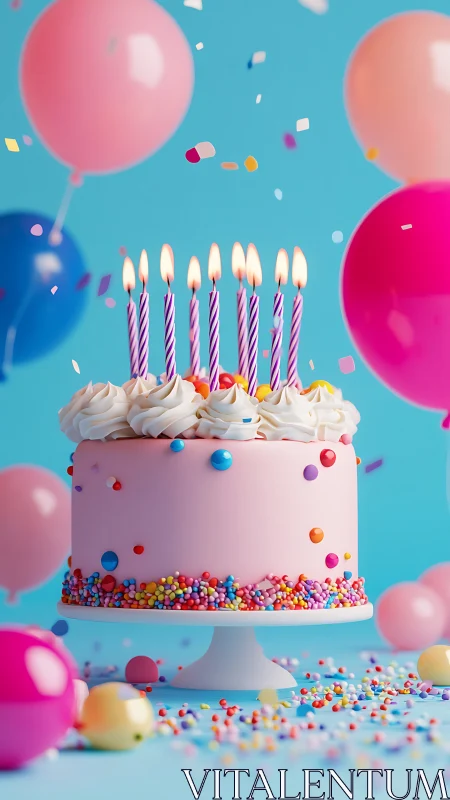 Vibrant Birthday Cake with Lit Candles Against Turquoise Balloon Backdrop.