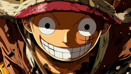 Close-up dynamic anime portrait with intense grin and hat
