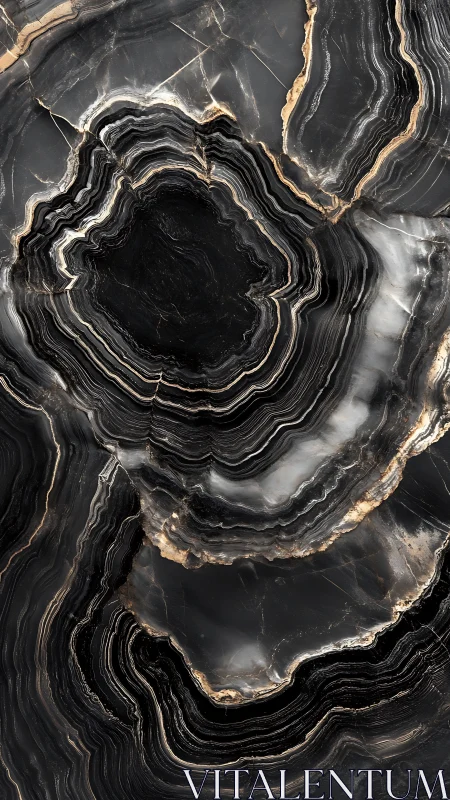 Concentric dark stone cross-section shows layered mineral rings