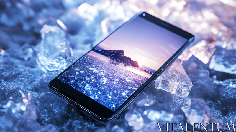 Smartphone on ice bed emphasizes reflective glass and thermal risk