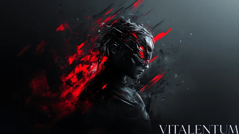 Side-profile cybernetic figure rendered with red energy shards