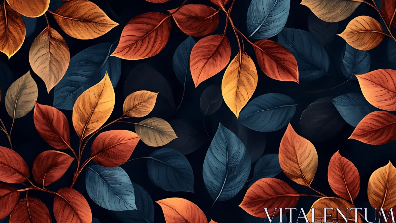 Autumn foliage pattern in warm copper and deep teal tones.