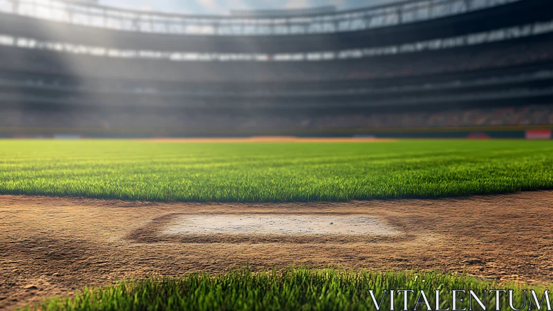 Sunlit home plate waits in a quiet, hopeful ballpark hush.