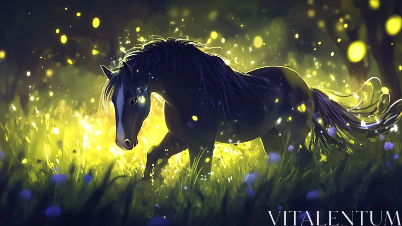 Black horse glowing in a night meadow with fireflies.