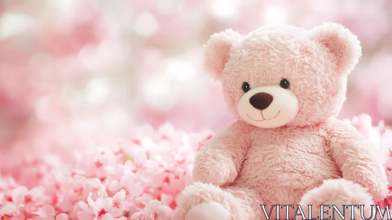 Soft pink teddy bear amid dreamy floral bokeh background.