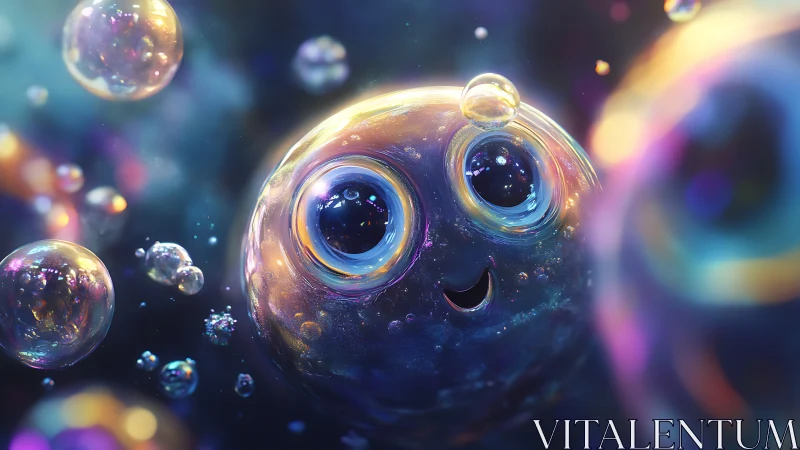 Smiling iridescent bubble character floats in cosmic glow