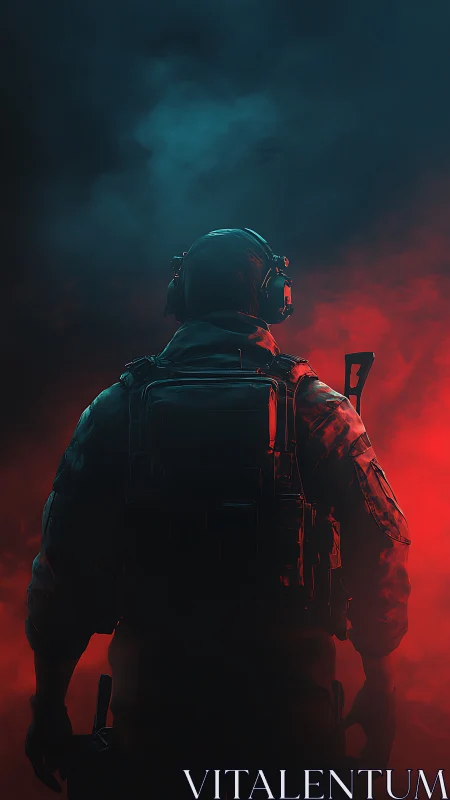 Back view of armed soldier in colored atmospheric haze.