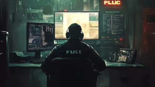 Police officer at multi-screen cyber operations workstation.