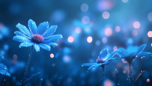 Blue flowers with water droplets under bokeh illumination.