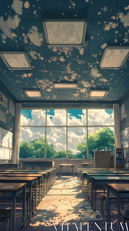 Sunlit anime classroom with cloud ceiling and empty desks.