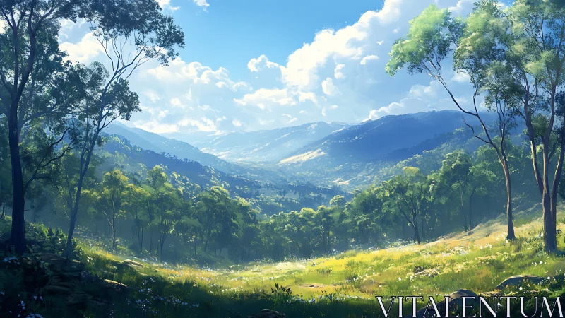 Mountain Valley's Gentle Embrace in Sunlit Green.
