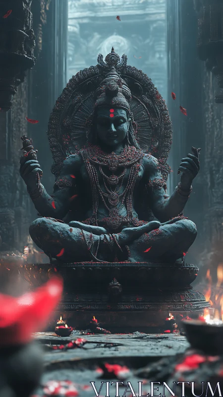 Stone deity breathes crimson stillness through falling petals