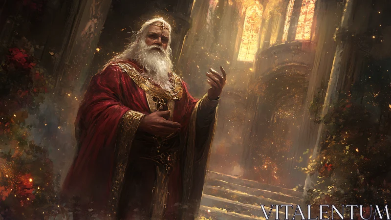 Regal elder mage raises hand within sunlit cathedral hall.