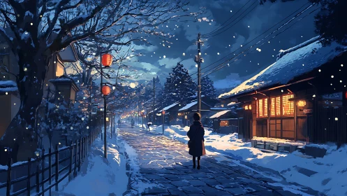 Snow-covered street shows solitary figure amid lantern lights