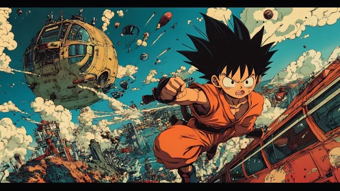 High-energy anime hero soaring through dense industrial sky