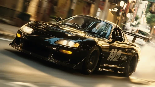 Black tuner sports car drifting through neon city street.