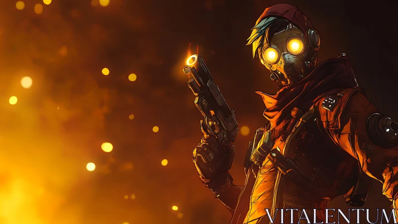 Masked gunman stands in glowing orange sci fi environment