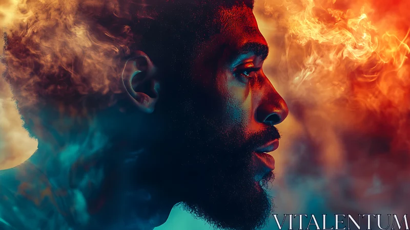 Digital painting portrait with dual-tone atmospheric mist effects.