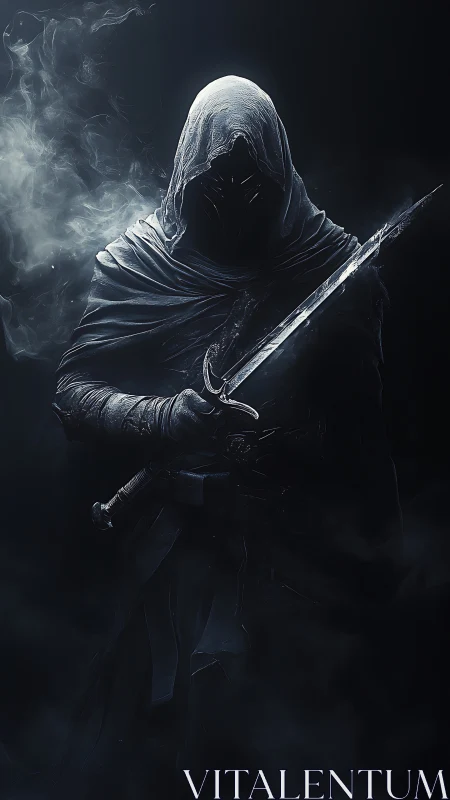 Mysterious hooded warrior poised with a ghostly blade.